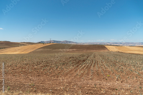 Countryside landscape from agricultural field and bales of hay in morocco