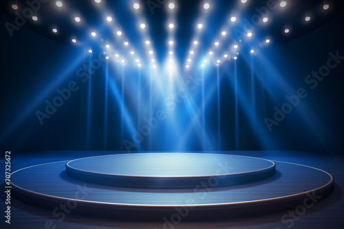 An empty theater stage illuminated by spotlights before a performance. round podium on a bright background