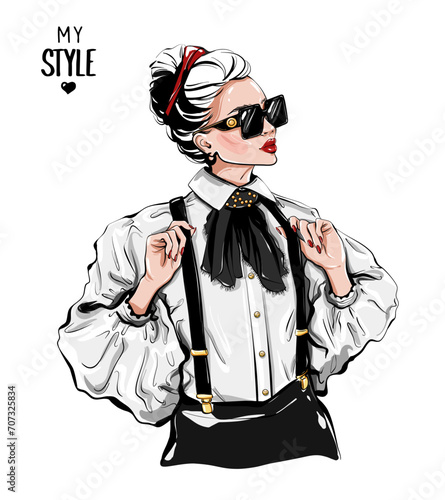 Hand drawn fashion woman in sunglasses. Stylish girl with headband on her head. Fashion look. Sketch. Vector illustration.