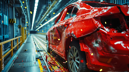 Um teste de colisão controlada em uma instalação de testes automotivos demonstrando avaliações de segurança e engenharia na indústria automotiva