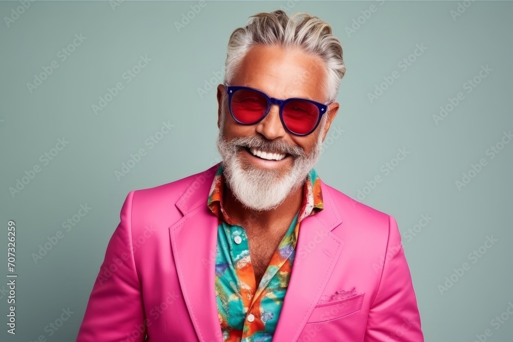 Portrait of a happy senior man wearing pink jacket and sunglasses.