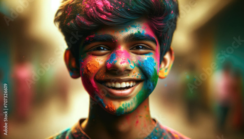 Joyful teenager face covered with vibrant Holi powder, eyes sparkling with happiness during the Holi festival celebrations.