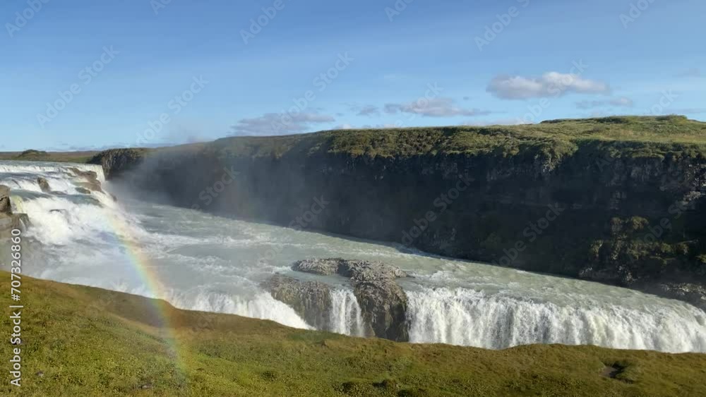 Traveling and exploring Iceland landscapes and famous places. Autumn tourism by Atlantic ocean and mountains. Outdoor views on beautiful cliffs and travel destinations. Gullfoss waterfall. Traveling and exploring Iceland landscapes and famous places. Autumn tourism by Atlantic ocean and mountains. Outdoor views on beautiful cliffs and travel destinations. Gullfoss waterfall.