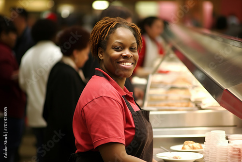 A woman standing confidently in front of the counter in a bustling restaurant, placing her order and paying for her meal. photo