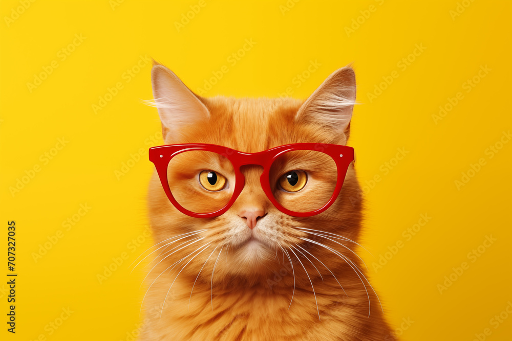 Closeup portrait of funny ginger cat in sunglasses isolated on on a yellow background . Design for animal day, advertising with place for text, copyspace