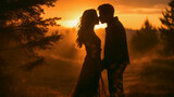 Celebrate love with a breathtaking silhouette – a couple sharing a tender sunset kiss, embodying romance, warmth, and connection. Generated AI.