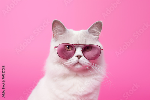 Closeup portrait of funny white cat in pink sunglasses isolated on on a pink background . Design for animal day, advertising with place for text, copyspace