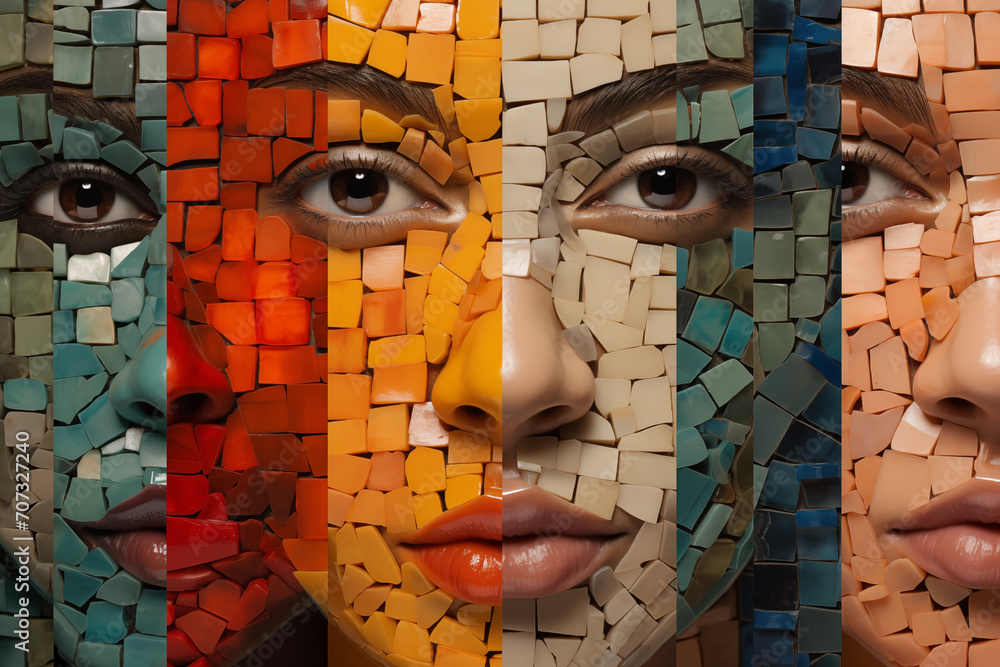 Collage of beautiful female faces made of colorful mosaic blocks. Art mosaic concept - obrazy, fototapety, plakaty 