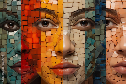 Collage of beautiful female faces made of colorful mosaic blocks. Art mosaic concept