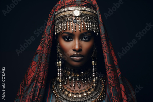 Portrait of a beautiful African woman in ethnic costume on black background. Beauty, fashion.