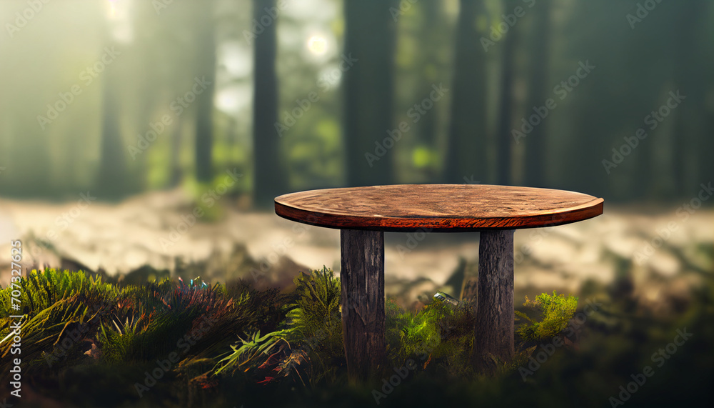 Wooden round pedestal in the green forest 3d illustration, scenery of empty product table in natural environment, green trees around, soft daylight