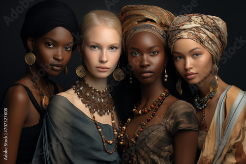 Four different ethical women in traditional clothing and headscarf. Fashion shot.
