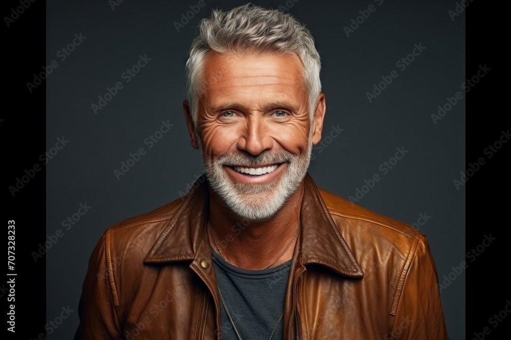 Portrait of a smiling middle-aged man in a leather jacket. Portrait of a smiling middle-aged man in a leather jacket.