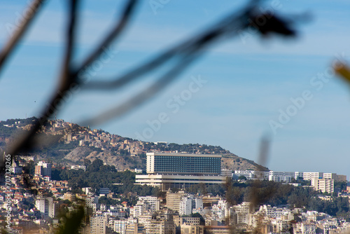 High-angle view of Aurassi Hotel on the top of Algiers city. Algeria. photo