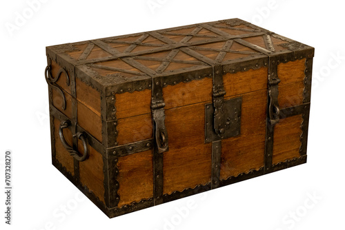 An ancient oak chest isolated on transparent background, side view. Travel chest from the 18th century.