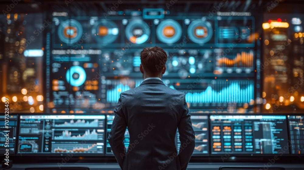 businessman in a suit standing in front of a computer screen and icons on blue, technology and business concept. businessman in a suit standing in front of a computer screen and icons on blue, technology and business concept.