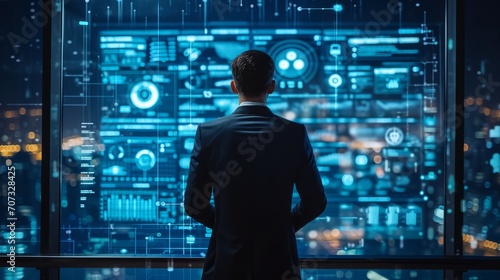 businessman in a suit standing in front of a computer screen and icons on blue, technology and business concept.
