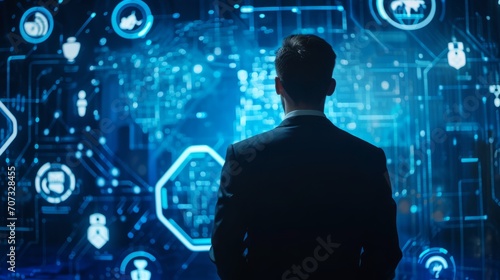 businessman in a suit standing in front of a computer screen and icons on blue, technology and business concept.