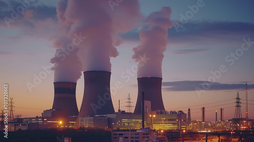 Um tiro controlado de uma usina nuclear com reatores e torres de resfriamento enfatizando a tecnologia complexa e a infraestrutura na energia nuclear photo