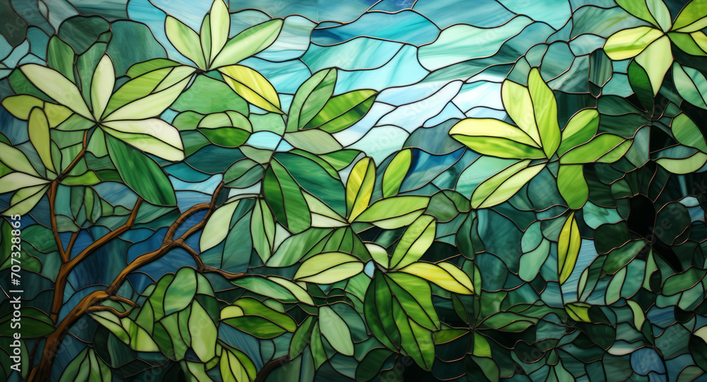 Stained glass window background with colorful green leaf abstract. Stained glass window background with colorful green leaf abstract.