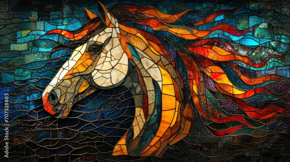 Stained glass window background with colorful horse abstract. - obrazy, fototapety, plakaty 