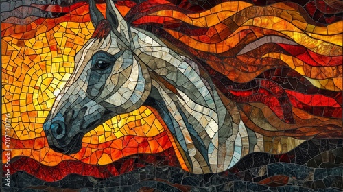 Stained glass window background with colorful horse abstract.