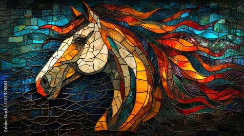 Stained glass window background with colorful horse abstract. photo