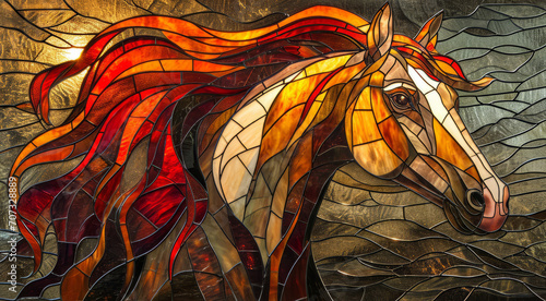 Stained glass window background with colorful horse abstract.