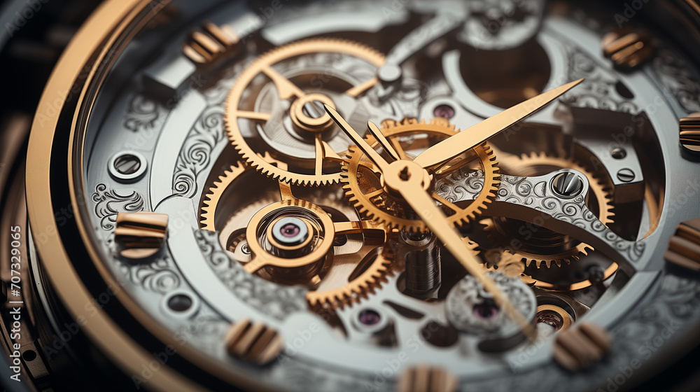 A close-up view of a watch showing gears inside. A close-up view of a watch showing gears inside.