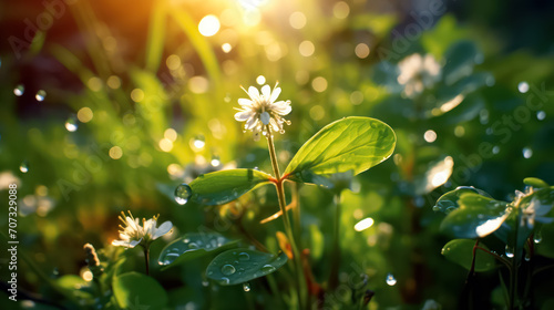 Shiny meadow flowers, decorated with raindrops