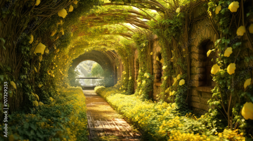 A mesmerizing scene of a sunlit tunnel formed by towering trees