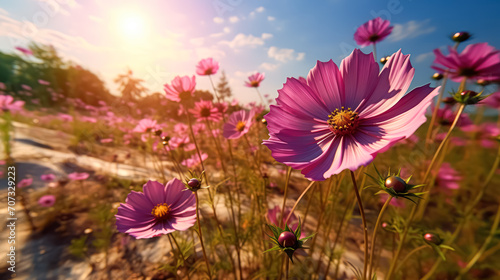 A stunning summer landscape unfolds as yellow and white daisies  clovers