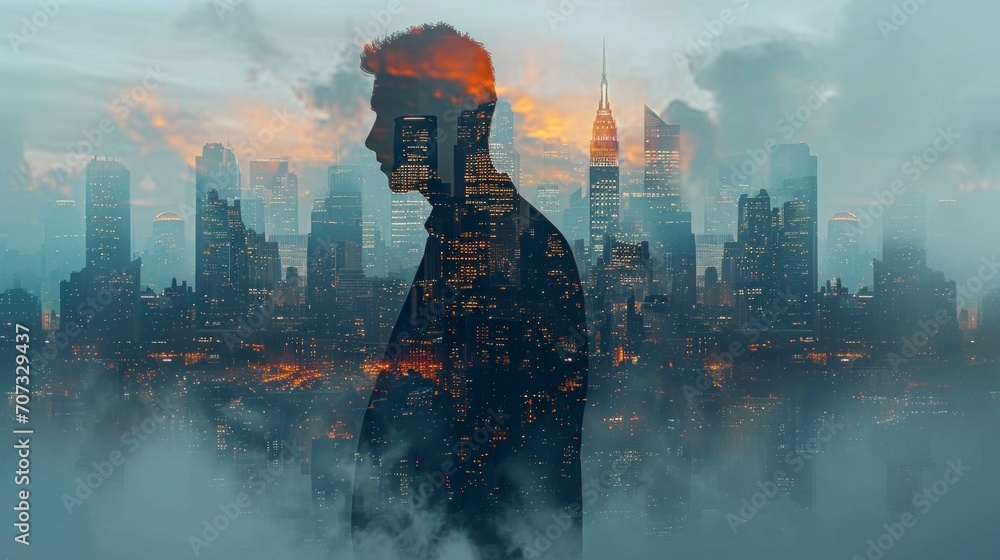 A digital art piece merging the silhouette of a businessman with a bustling city skyline, symbolizing ambition and urban life - obrazy, fototapety, plakaty 