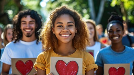 Awareness campaign for blood donation, diverse individuals holding signs with encouraging messages, in a public park, promoting the importance of donating blood.