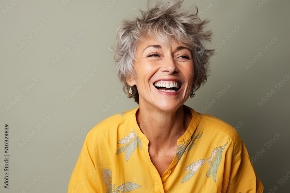 Portrait of a happy senior woman laughing and looking up over grey background Portrait of a happy senior woman laughing and looking up over grey background