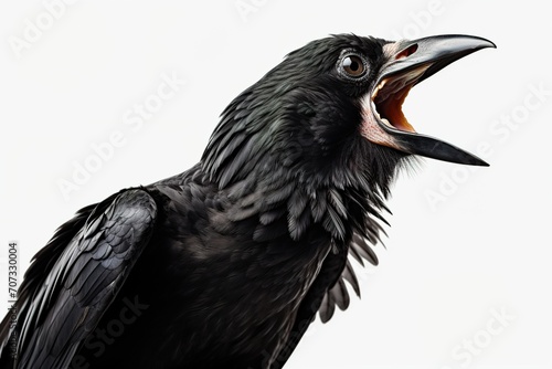 closeup screaming black crow on a white background