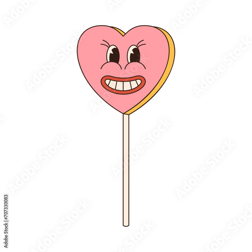 lollipop groovy retro icon Retro cartoon Valentines day element in trendy retro 60s 70s style. Vector illustration.