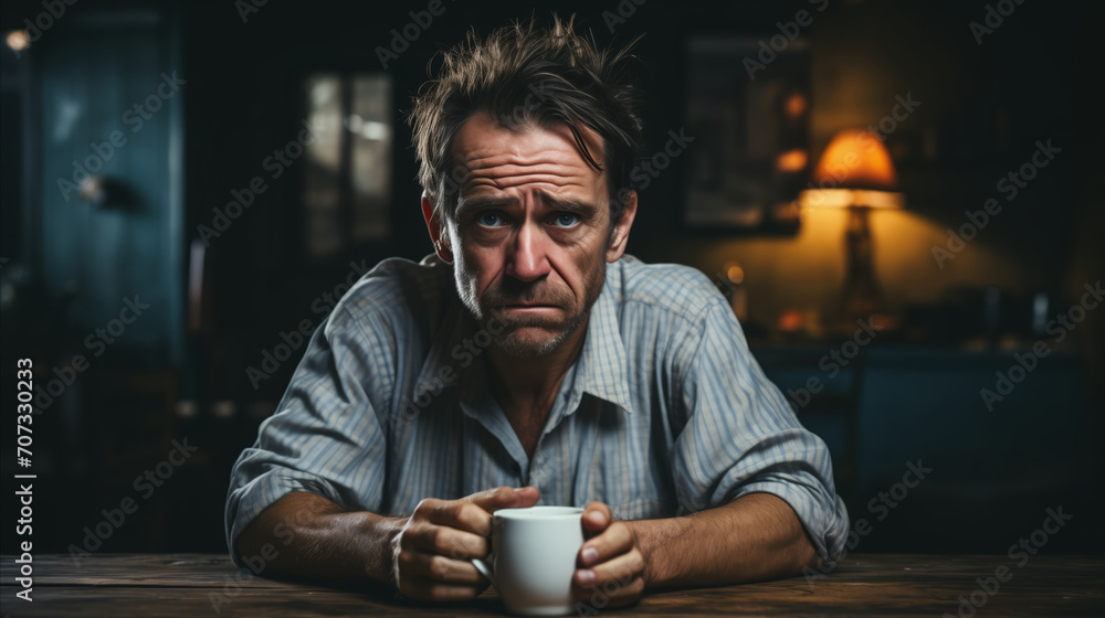 Man Sitting at Table With Cup of Coffee Man Sitting at Table With Cup of Coffee