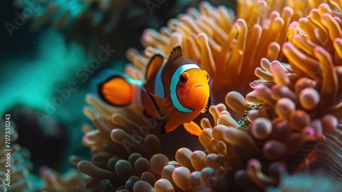  a close up of a clownfish on a coral with anemone in the foreground and anemone in the background with other corals in the foreground.