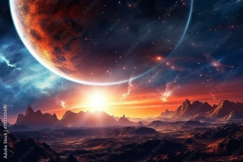 Beautiful sunrise with planets in space. Generative AI