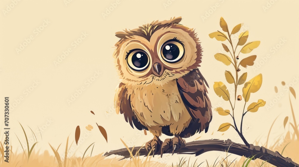 Φωτογραφία a painting of an owl sitting on a tree branch with a branch in the foreground and a branch in the foreground with leaves in the foreground, on a beige background
