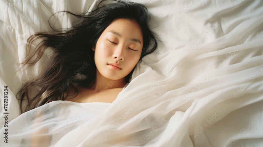 Asian Woman Laying in Bed With Closed Eyes Asian Woman Laying in Bed With Closed Eyes