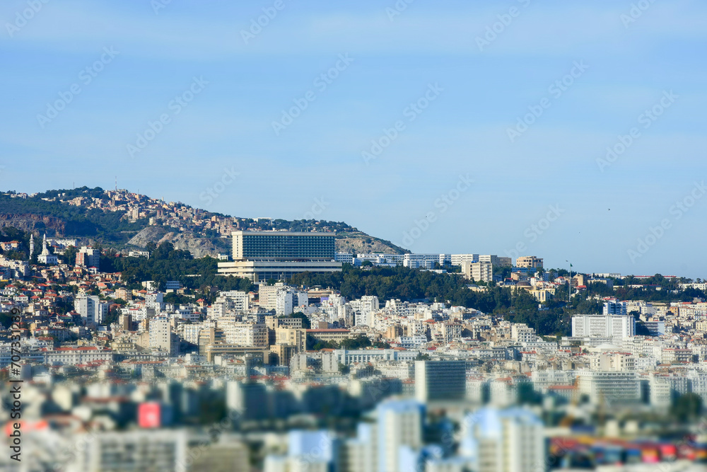 High-angle view of Aurassi Hotel on the top of Algiers city. Algeria.