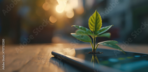 Generative AI, Plant growing from the smartphone screen. Ecology and environment concept #707331280