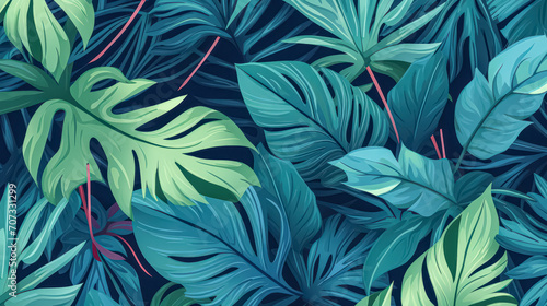 Transform your project with turquoise and green tropical leaves. © Алла Морозова