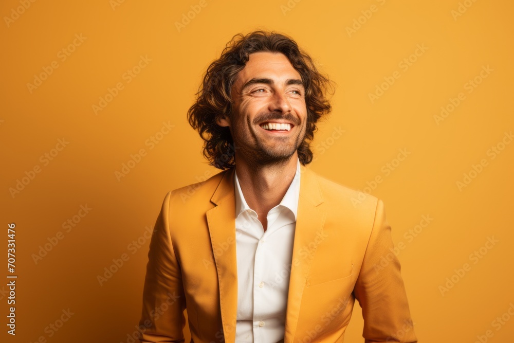 Handsome young man laughing and looking at camera on yellow background Handsome young man laughing and looking at camera on yellow background