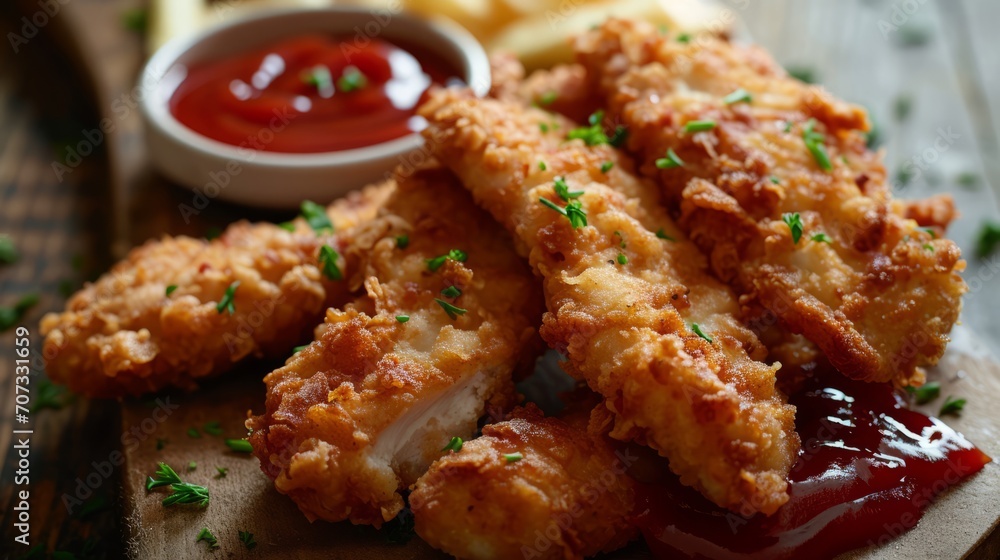 Delicious crispy fried breaded chicken nuggets strips . Delicious crispy fried breaded chicken nuggets strips .