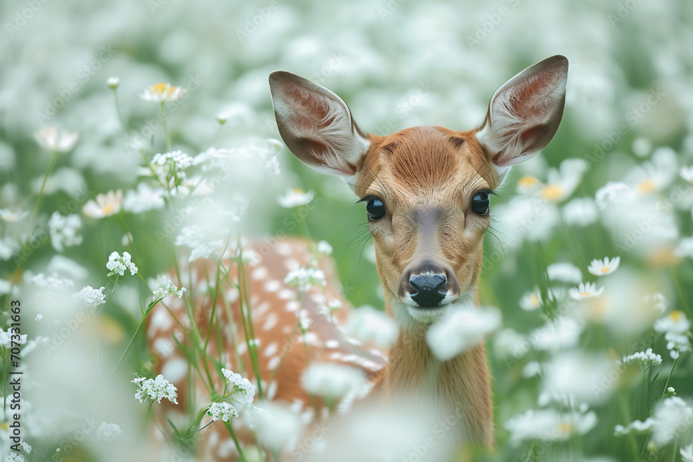 a deer in a field of white flowers selective focus a deer in a field of white flowers selective focus