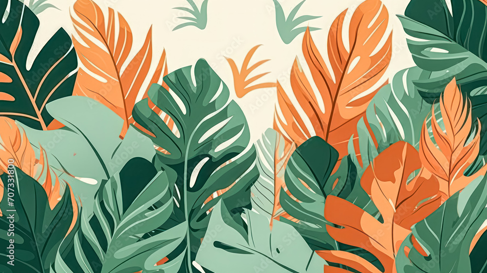 Watercolor exotic leaves on a soothing beige background - obrazy, fototapety, plakaty 