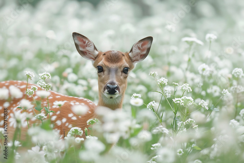 a deer in a field of white flowers selective focus © Miftakhul Khoiri